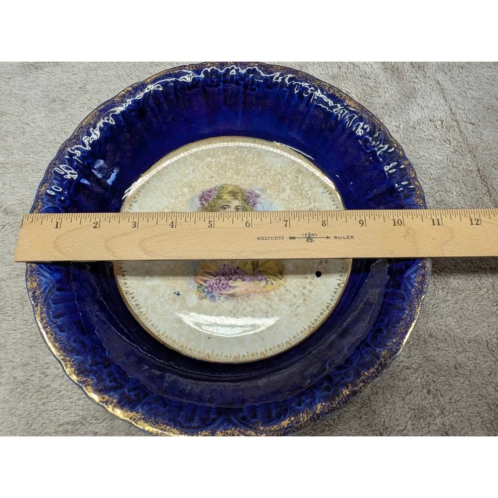 Antique Crown Potteries Cobalt Blue Flow Blue Bowl Victorian Lady Violets 1905